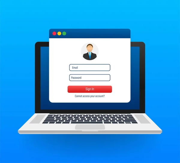 Connectez-vous au compte, autorisation de l'utilisateur, concept de page d'authentification de connexion. Ordinateur portable avec page de formulaire de connexion et mot de passe à l'écran. Illustration vectorielle . — Image vectorielle