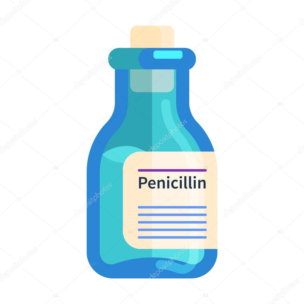 Medicine bottle. Medical penicillin drugs bottle. Pharmacy medication symbol. Classic flat style. Vector illustration