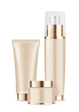 Beyaz üzerine izole edilmiş üç kozmetik boş konteynır