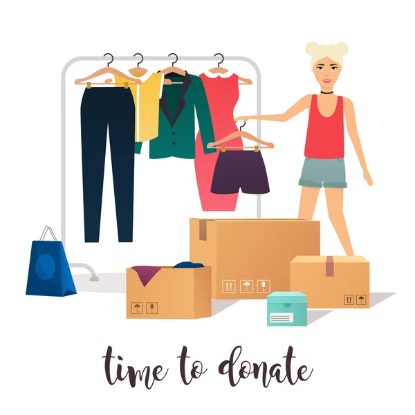 Flicka gör kläder donationer — Stock vektor