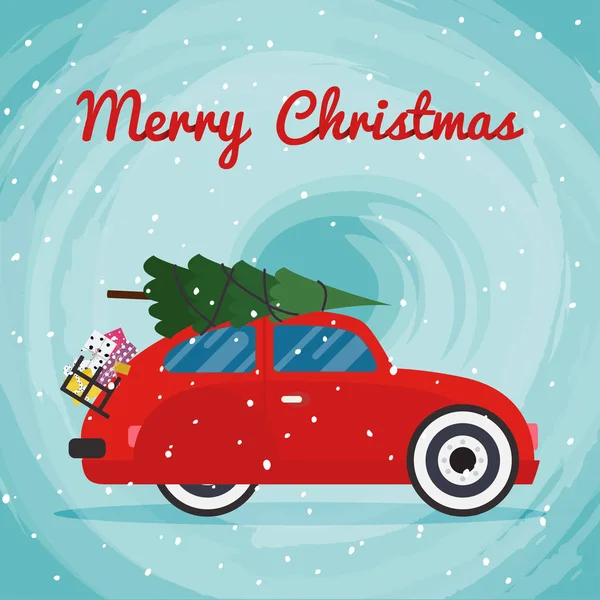Ρετρό κόκκινο αυτοκίνητο με Χριστουγεννιάτικο δέντρο στη στέγη — Διανυσματικό Αρχείο