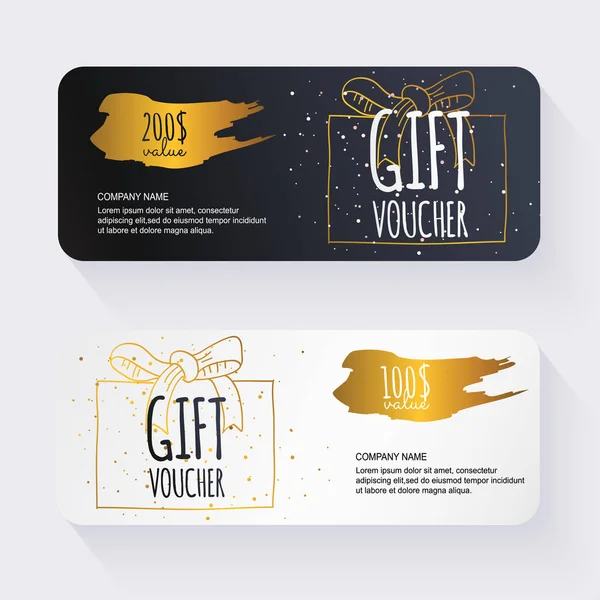 Gift voucher sjabloon met gouden geschenkverpakking — Stockvector