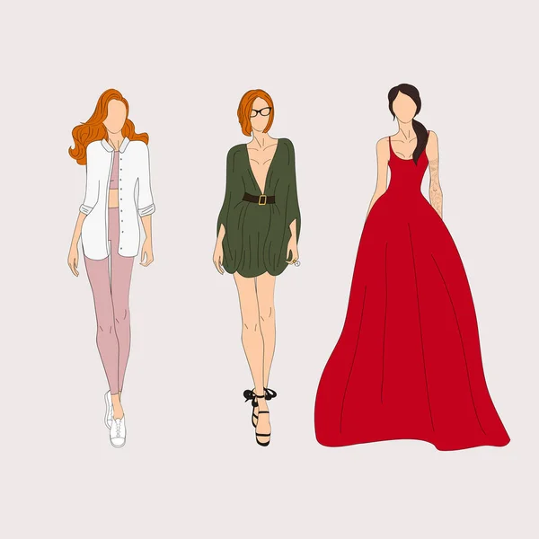 Três modelos de moda desenhados — Vetor de Stock