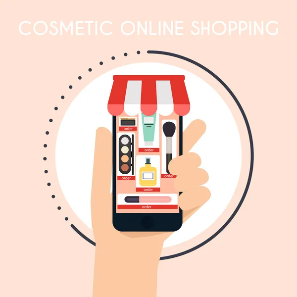 Main tenant mobile avec magasin de cosmétiques en ligne — Image vectorielle