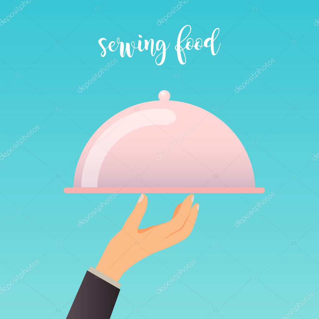 Human hand with a food serving tray. Flat design modern vector illustration concept.