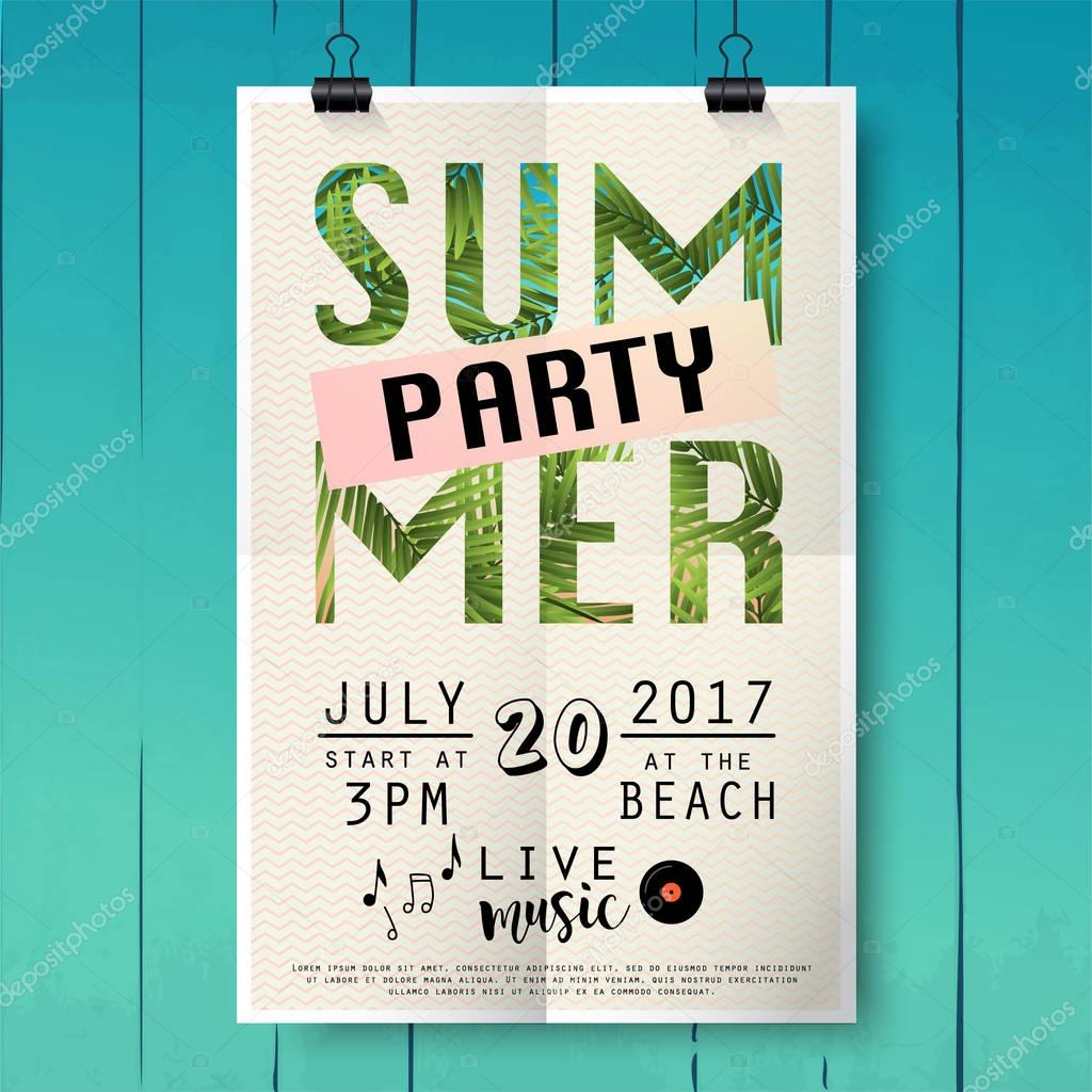 Summer party poster with palm leaf 