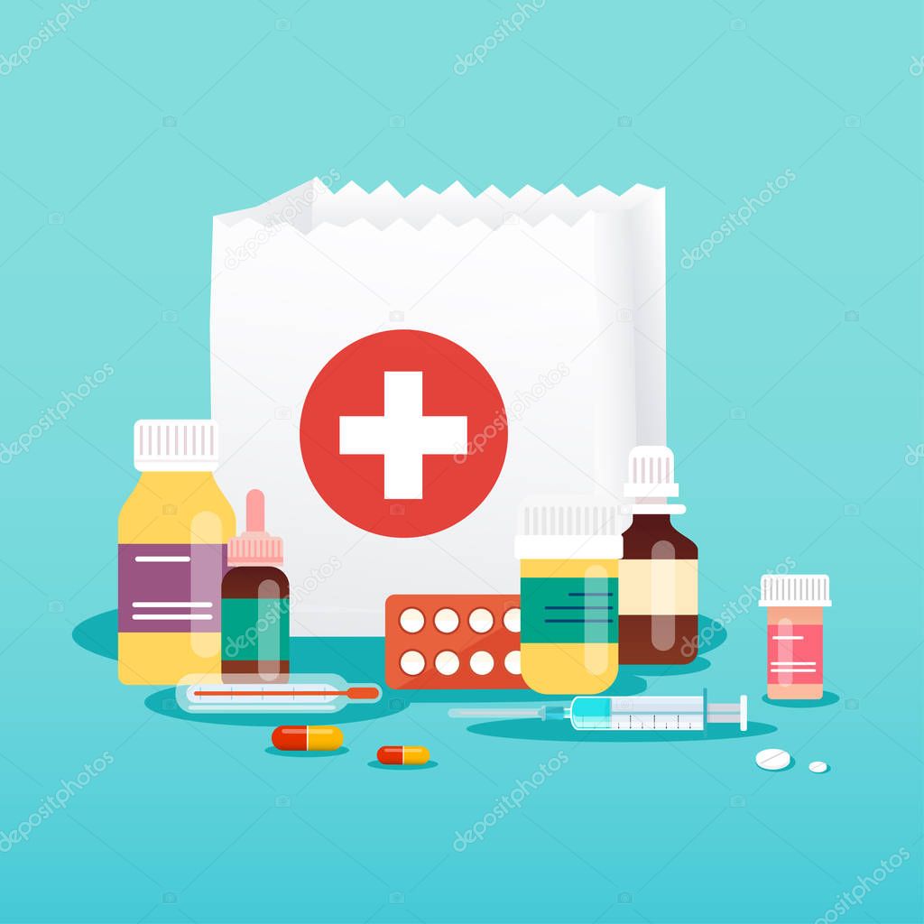 Shopping bag with medical pills and bottles