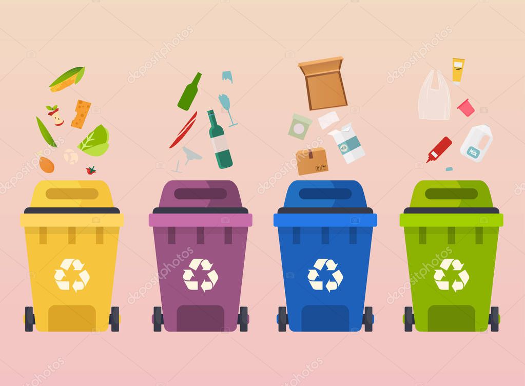 Recycle garbage bins. Waste types segregation recycling: organic, paper, glass waste. Flat design modern vector illustration concept.