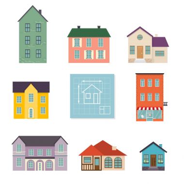 Düz ev Icons set.