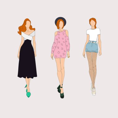 Üç vektör çizim moda elbiseler giymiş çizilmiş kadın modelleri el 