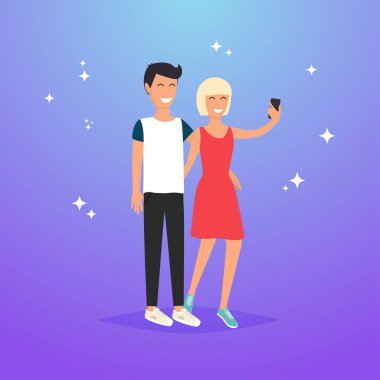 mutlu bir adam ve kadın alarak selfie yıldız, vektör çizim ile mavi arka plan üzerinde 