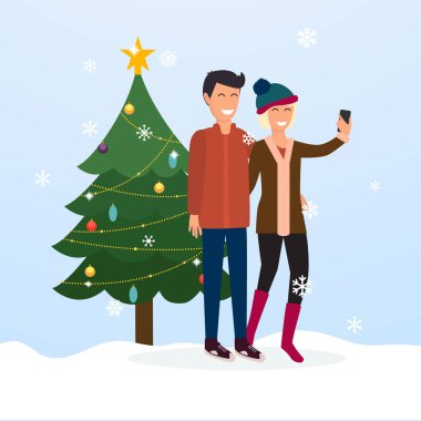 Neşeli Noel tebrik kartı, mutlu çift alarak selfie dekore edilmiş Noel ağacına, vektör çizim 