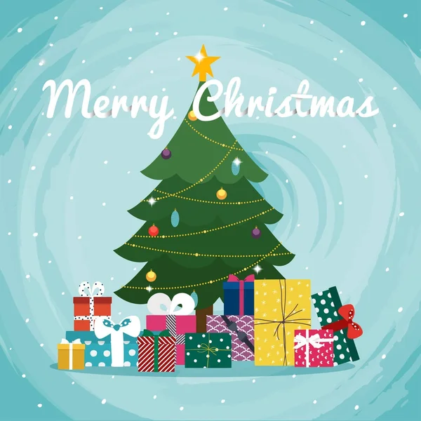 Merry Christmas Wenskaart Stapel Ingepakte Cadeautjes Onder Versierde Kerstboom Vectorillustratie — Stockvector