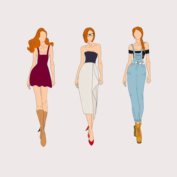 Três Modelos Femininos Desenhados Mão Vestindo Roupas Moda Ilustração Vetorial —  Vetores de Stock