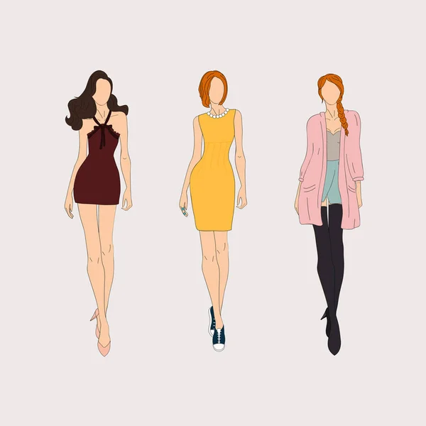 Tre Modelli Femminili Disegnati Mano Che Indossano Vestiti Alla Moda — Vettoriale Stock