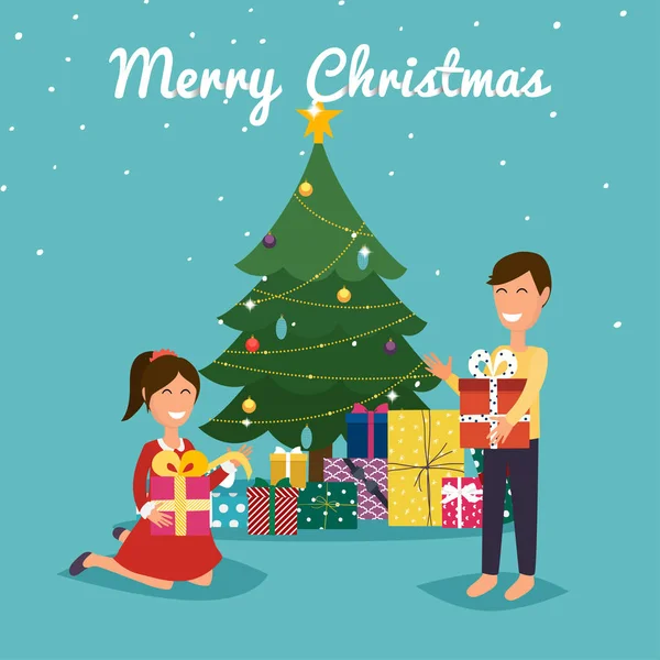 Neşeli Noel tebrik kartı, mutlu çocuk tutan kız sunar ve dekore edilmiş Noel ağacının yanında, vektör çizim 