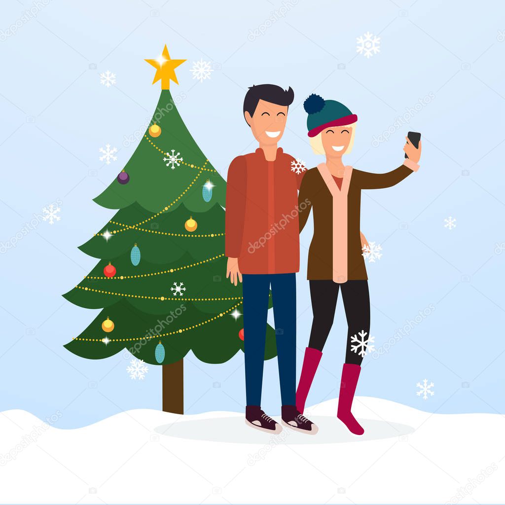 Merry Christmas greeting card, happy couple taking selfie against decorated Christmas tree, vector illustration 