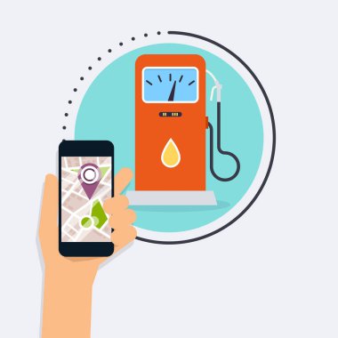 Benzin istasyonu, vektör çizim arama uygulaması ile akıllı telefon tutan el