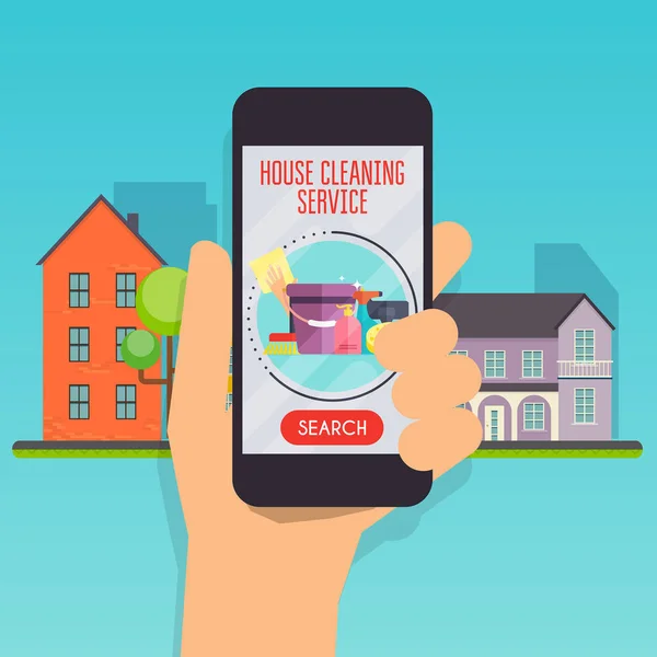 Huis Reiniging Dienstverleningsconcept Hand Met Smartphone Met Toepassing Schoonmaak Service — Stockvector