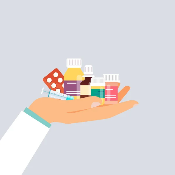 Hand in Hand mit verschiedenen medizinischen Pillen — Stockvektor