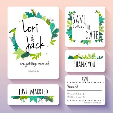 Düğün davetiye kartı küme. Teşekkür ederim, Tarih, Rsvp, Kaydet evlendim. Vektör çizim