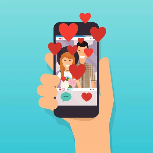 Телефон Додатком Соціальних Мереж Кнопка Любові Концепція Соціальної Мережі Векторна — стоковий вектор