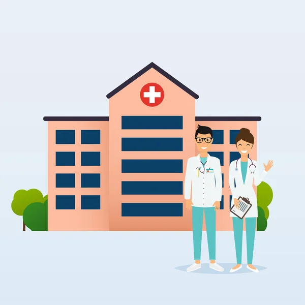 Médicos Con Uniforme Médico Hospital Fondo Diseño Plano Estilo Moderno — Vector de stock