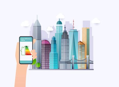 Enerji verimliliği dereceli el ele tutuşan telefon. Akıllı ev. Fl!