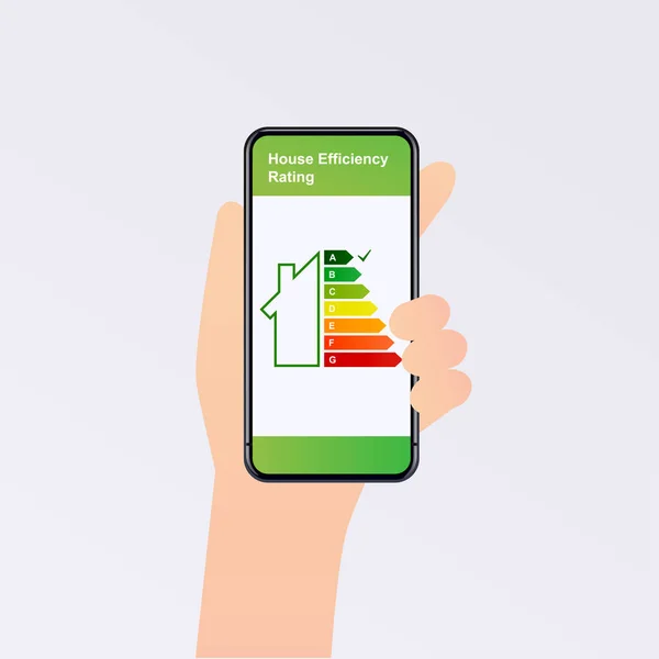 Hand holding phone with energy efficiency rating. Smart home. Fl — Stock Vector