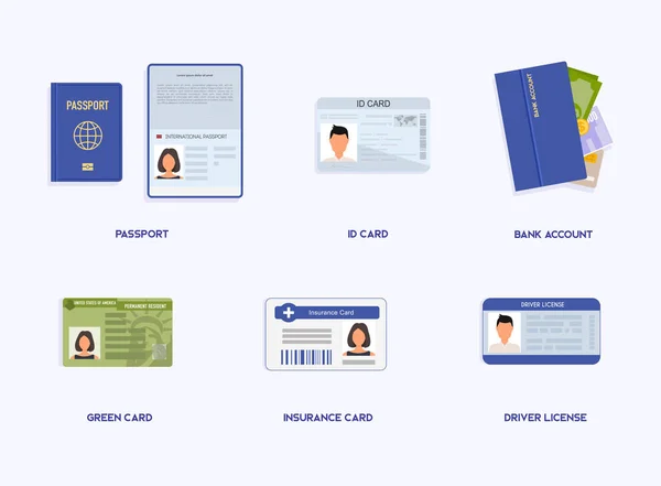 法的文書のセット 身分証明書 パスポート 学生証 移行証明書 法的契約図 — ストックベクタ