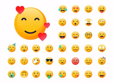 Bir dizi Duygu Simgesi. Emoji düz tasarım, avatar. Vektör illüstrasyonu beyaz arkaplanda izole edildi.