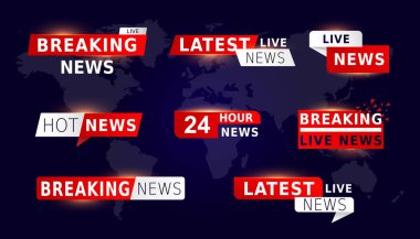 Breaking News Live on World Map Background. Set of TV news banners. clipart