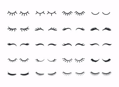 Vektör kirpikleri. Maskaranın yüz makyajı. Kadın güzellik kapalı gözler. Farklı kirpik türleri uzantıları.