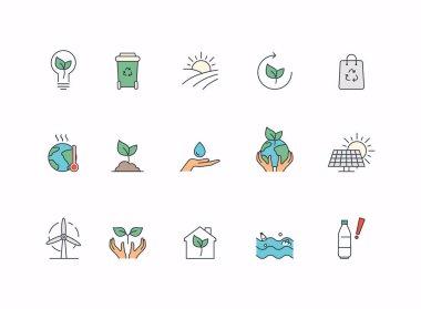 Basit Eko İlgili Vektör Satır Simgeleri Kümesi. Küresel Isınma, iklim değişikliği ve diğer Ekoloji Sorunları.