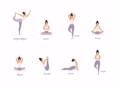 Woman in various poses of yoga. Shapes of woman doing yoga fitness workout. Set of yoga positions. clipart