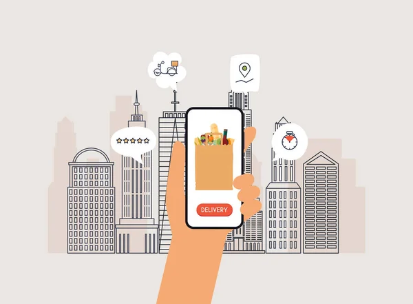 手与交付食品应用在线订餐举行智能手机 应用矢量现代平创意信息图形设计 — 图库矢量图片