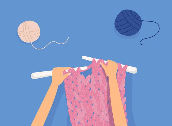 Female Hands Knitting Pink Woolen Threads Blue Wooden Background — Stock Vector