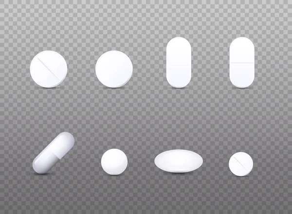 Ρεαλιστική White Medical Pill Icon Set Εικονογράφηση Διανύσματος Φαρμακευτικών Προϊόντων — Διανυσματικό Αρχείο