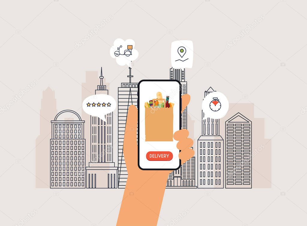 Hand holding mobile smart phone with delivery food app. Order food online. Vector modern flat creative info graphics design on application.