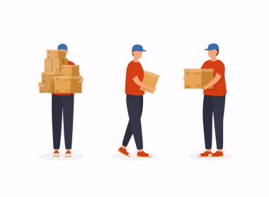 Posta çalışanları farklı pozlarda. Kurye ya da teslimat servisi. Paketli erkek karakterler paket kutuları. 