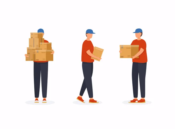 Postai Dolgozók Különböző Pózokban Futárszolgálat Vagy Futárszolgálat Férfi Karakterek Csomagküldő — Stock Vector