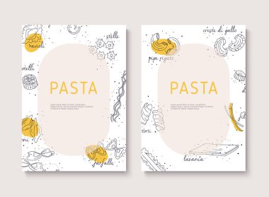Klasik İtalyan makarna restoranı çizimi. El çizimi vektör çizimi. Paket kağıdı, sokak festivali, çiftçi pazarı, dükkan, menü, kafe, restoran için kullanılabilir.