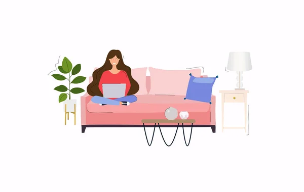 Girls Working Home Young Woman Sitting Sofa Using Laptop Freelance — Stock Vector