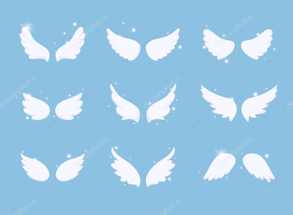 Set of hand drawn bird or angel wings  with light effect. Different shape in open position.