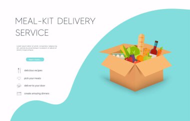 Yemek takımı teslimat servisi. İnternetten yemek siparişi, market teslimatı, e-ticaret. Düz tasarım modern vektör illüstrasyon kavramı.