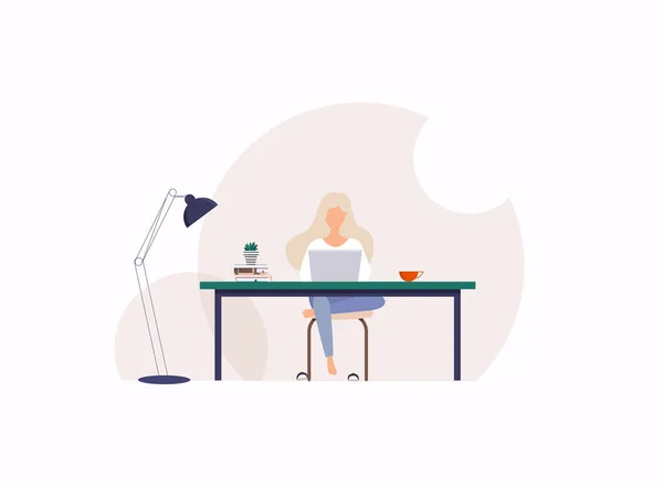 Young Woman Working Computer Freelance Studying Concept — Stock Vector