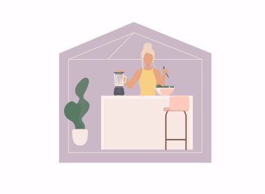 Evde kal konsepti. Kadın aşçı / smoothie.