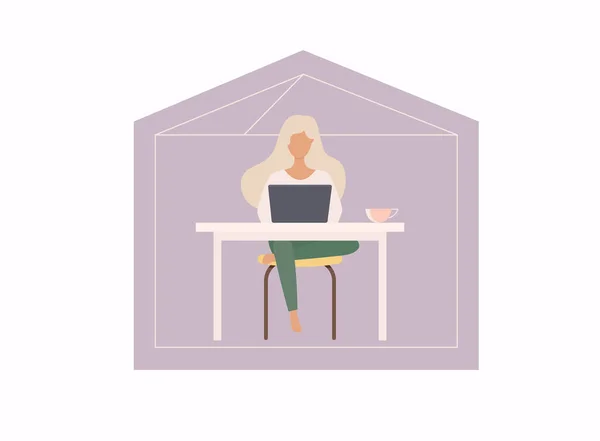 Stay Home Concept Woman Working Computer Freelance Studying — Stock Vector