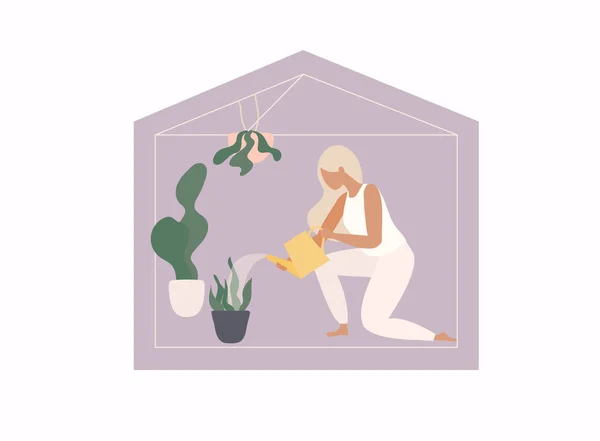 Оставайся Дома Девушка Ухаживает Комнатными Растениями Поливает Растение Векторная Иллюстрация — стоковый вектор