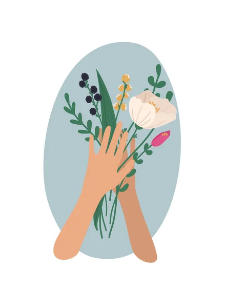 Handen Met Boeketten Trossen Bloeiende Bloemen Vectorillustratie — Stockvector